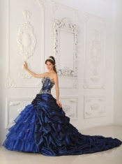 Navy Blue Ball Gown Sweetheart Chapel Train Taffeta and Organza Appliques Quinceanera Dress