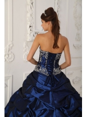 Navy Blue Ball Gown Sweetheart Chapel Train Taffeta and Organza Appliques Quinceanera Dress