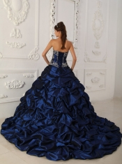 Navy Blue Ball Gown Sweetheart Chapel Train Taffeta and Organza Appliques Quinceanera Dress