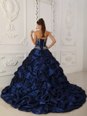 Navy Blue Ball Gown Sweetheart Chapel Train Taffeta and Organza Appliques Quinceanera Dress