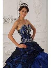 Navy Blue Ball Gown Sweetheart Chapel Train Taffeta and Organza Appliques Quinceanera Dress