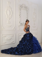 Navy Blue Ball Gown Sweetheart Chapel Train Taffeta and Organza Appliques Quinceanera Dress