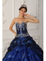 Navy Blue Ball Gown Sweetheart Chapel Train Taffeta and Organza Appliques Quinceanera Dress