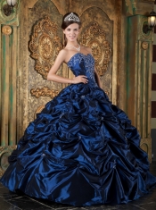 Navy Blue Ball Gown Sweetheart Floor-length Pick-ups Taffeta Quinceanera Dress