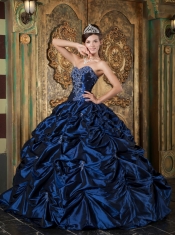 Navy Blue Ball Gown Sweetheart Floor-length Pick-ups Taffeta Quinceanera Dress