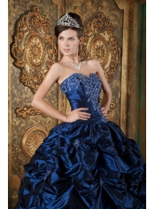 Navy Blue Ball Gown Sweetheart Floor-length Pick-ups Taffeta Quinceanera Dress