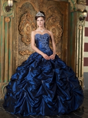 Navy Blue Ball Gown Sweetheart Floor-length Pick-ups Taffeta Quinceanera Dress