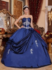 Navy Blue Ball Gown Sweetheart Floor-length Satin Appliques Quinceanera Dress