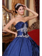 Navy Blue Ball Gown Sweetheart Floor-length Satin Appliques Quinceanera Dress