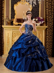 Navy Blue Ball Gown Sweetheart Floor-length Taffeta Appliques Quinceanera Dress