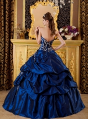 Navy Blue Ball Gown Sweetheart Floor-length Taffeta Appliques Quinceanera Dress