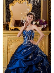 Navy Blue Ball Gown Sweetheart Floor-length Taffeta Appliques Quinceanera Dress