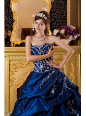 Navy Blue Ball Gown Sweetheart Floor-length Taffeta Appliques Quinceanera Dress
