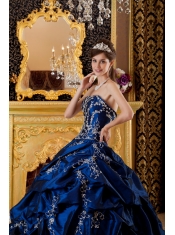 Navy Blue Ball Gown Sweetheart Floor-length Taffeta Appliques Quinceanera Dress