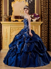Navy Blue Ball Gown Sweetheart Floor-length Taffeta Appliques Quinceanera Dress