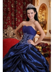 Navy Blue Ball Gown Sweetheart Floor-length Taffeta Appliques Quinceanera Dress