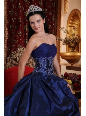 Navy Blue Ball Gown Sweetheart Floor-length Taffeta Appliques Quinceanera Dress