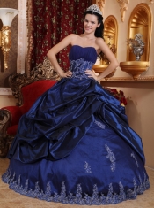 Navy Blue Ball Gown Sweetheart Floor-length Taffeta Appliques Quinceanera Dress