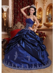 Navy Blue Ball Gown Sweetheart Floor-length Taffeta Appliques Quinceanera Dress