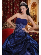 Navy Blue Ball Gown Sweetheart Floor-length Taffeta Appliques Quinceanera Dress