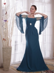 Navy Blue Column / Sheath Square Brush Train Chiffon Prom Dress