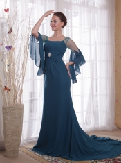 Navy Blue Column / Sheath Square Brush Train Chiffon Prom Dress