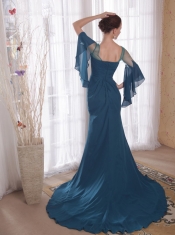 Navy Blue Column / Sheath Square Brush Train Chiffon Prom Dress