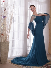 Navy Blue Column / Sheath Square Brush Train Chiffon Prom Dress