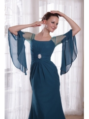 Navy Blue Column / Sheath Square Brush Train Chiffon Prom Dress