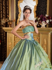 Olive Green Ball Gown Strapless Floor-length Taffeta and Organza Appliques Quinceanera Dress