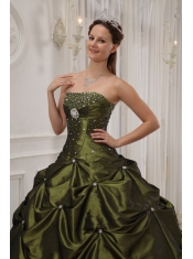 Olive Green Ball Gown Strapless Floor-length Taffeta and Satin Beading Quinceanera Dress