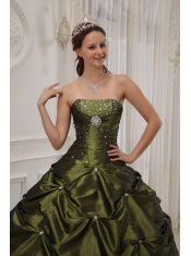 Olive Green Ball Gown Strapless Floor-length Taffeta and Satin Beading Quinceanera Dress