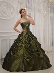 Olive Green Ball Gown Strapless Floor-length Taffeta and Satin Beading Quinceanera Dress