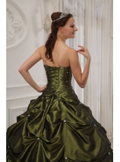 Olive Green Ball Gown Strapless Floor-length Taffeta and Satin Beading Quinceanera Dress