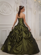 Olive Green Ball Gown Strapless Floor-length Taffeta and Satin Beading Quinceanera Dress