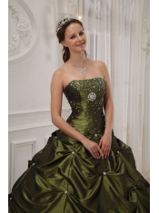 Olive Green Ball Gown Strapless Floor-length Taffeta and Satin Beading Quinceanera Dress