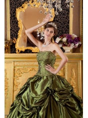 Olive Green Ball Gown Strapless Floor-length Taffeta Appliques  Quinceanera Dress