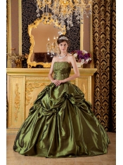 Olive Green Ball Gown Strapless Floor-length Taffeta Appliques  Quinceanera Dress