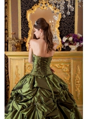 Olive Green Ball Gown Strapless Floor-length Taffeta Appliques  Quinceanera Dress