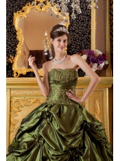 Olive Green Ball Gown Strapless Floor-length Taffeta Appliques  Quinceanera Dress