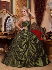 Olive Green Ball Gown Strapless Floor-length Taffeta Beading Quinceanera Dress