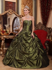 Olive Green Ball Gown Strapless Floor-length Taffeta Beading Quinceanera Dress