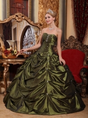 Olive Green Ball Gown Strapless Floor-length Taffeta Beading Quinceanera Dress