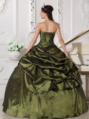 Olive Green Ball Gown Strapless Floor-length Taffeta Beading Quinceanera Dress