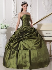 Olive Green Ball Gown Strapless Floor-length Taffeta Beading Quinceanera Dress