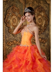 Orange A-Line / Princess Sweetheart Floor-length Ruffles Organza Quinceanera Dress