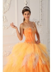 Orange A-Line / Princess Sweetheart Floor-length Satin and Tulle Beading Quinceanera Dress