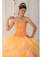 Orange A-Line / Princess Sweetheart Floor-length Satin and Tulle Beading Quinceanera Dress