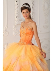 Orange A-Line / Princess Sweetheart Floor-length Satin and Tulle Beading Quinceanera Dress