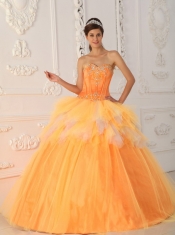 Orange A-Line / Princess Sweetheart Floor-length Satin and Tulle Beading Quinceanera Dress